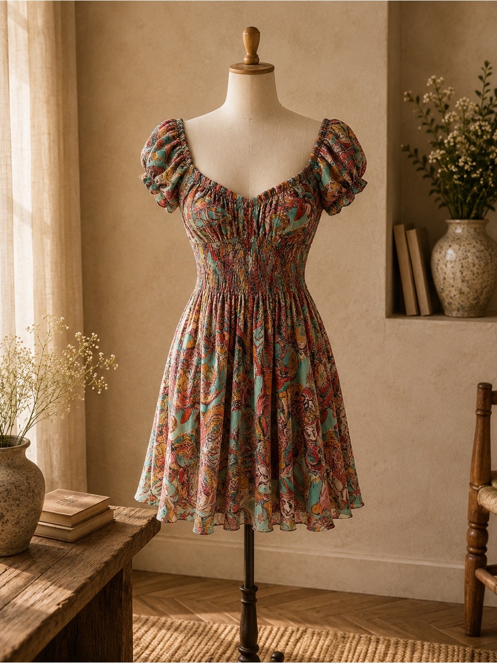 Anisa Spain Multi-Colored Green Orange Paisley Smocked Mini Dress - Size S/M